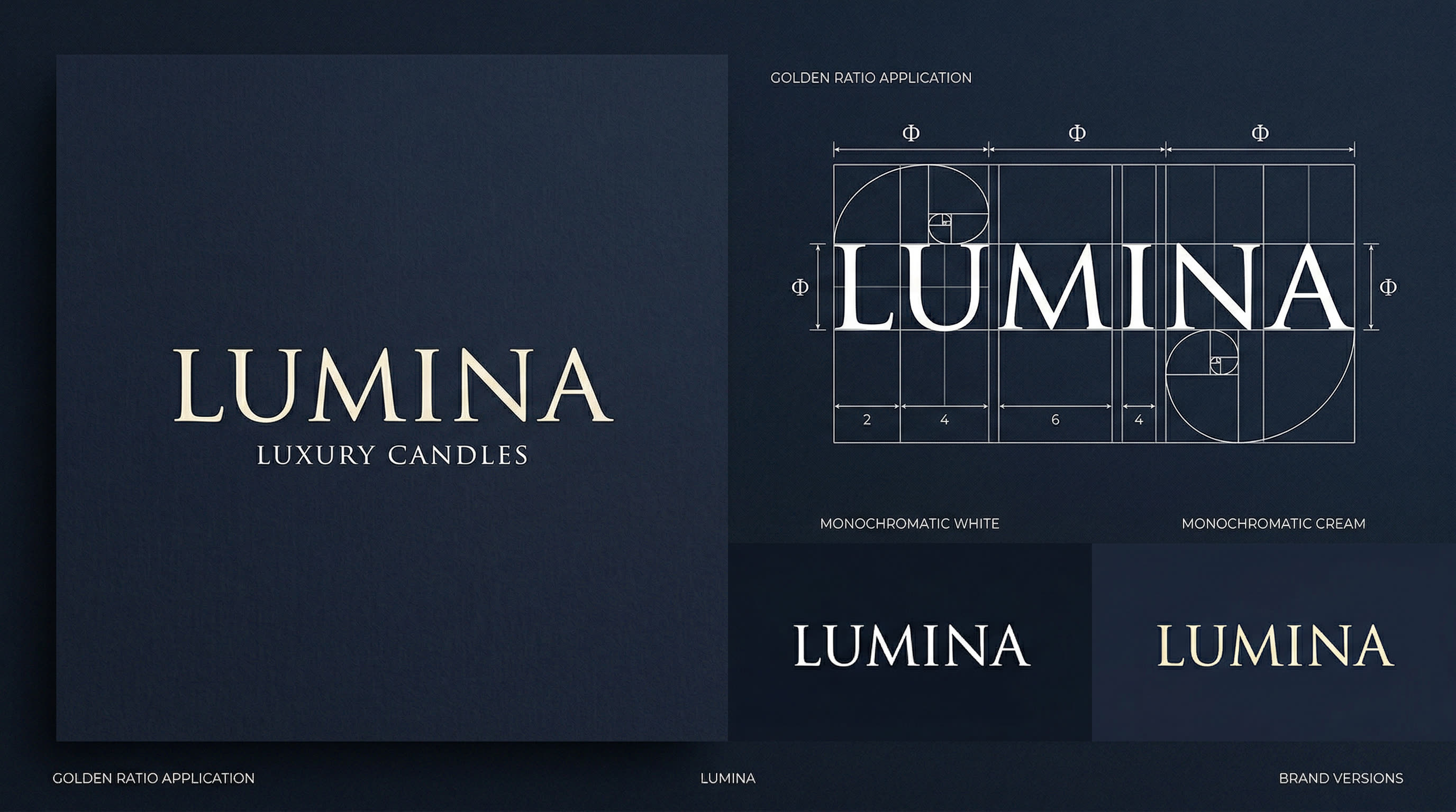 Logotyp Lumina z konstrukcją na złotym podziale, wersje monochromatyczne na granatowym tle