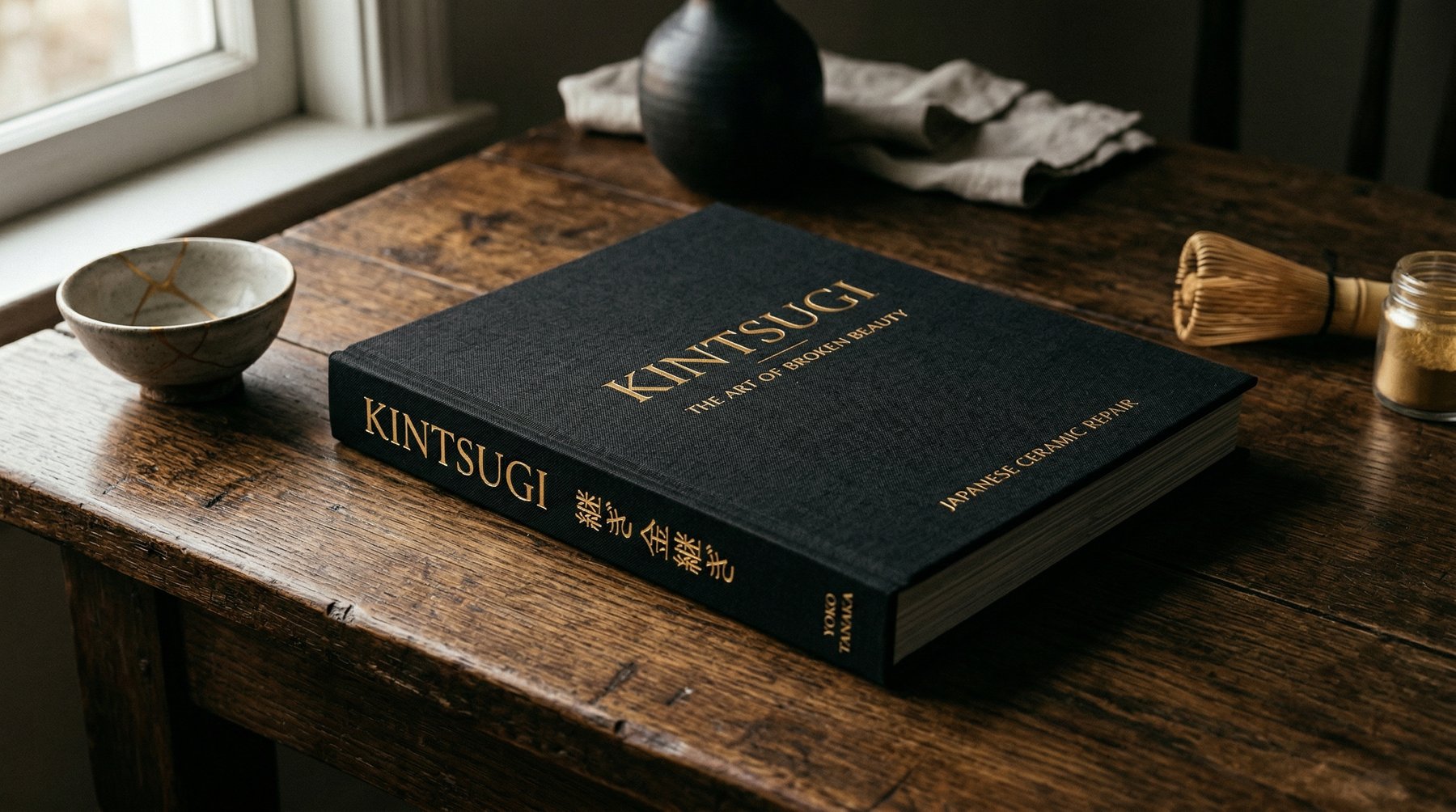 Książka KINTSUGI w prezentacji studyjnej na drewnianym blacie