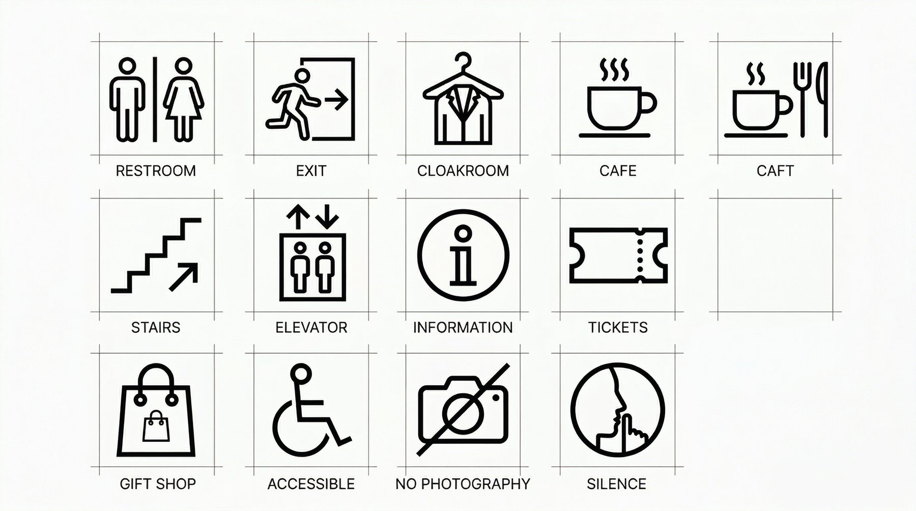 System piktogramów — restroom, exit, cloakroom, gift shop