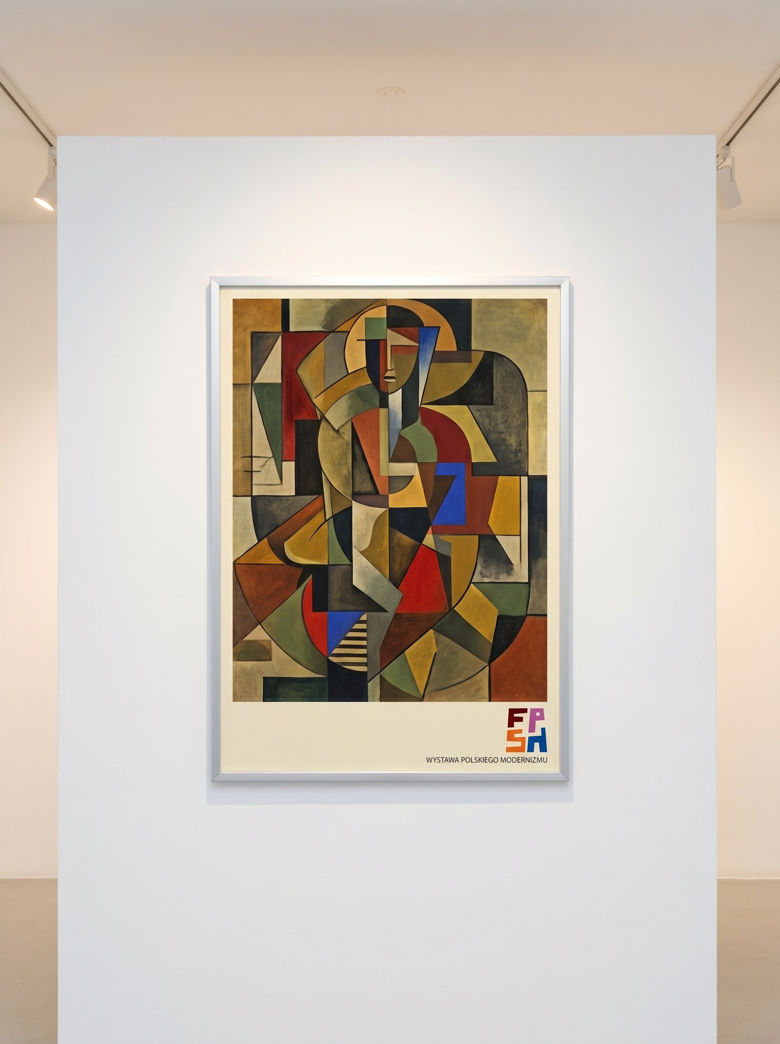 Plakat wystawy z modernistyczną kompozycją i logiem w rogu.