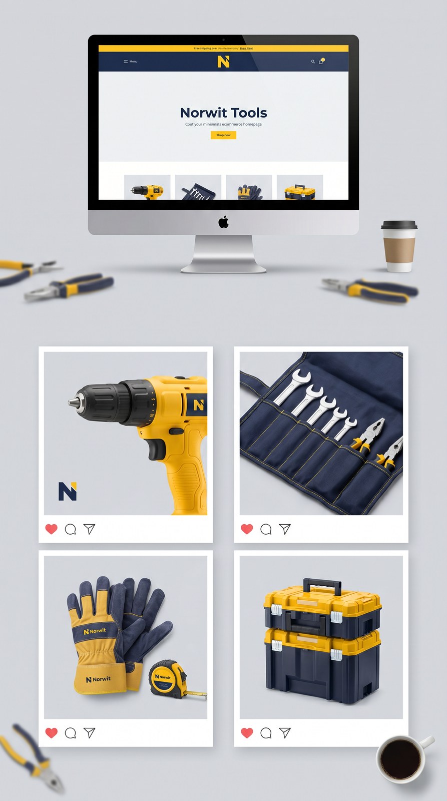 Flat lay narzędzi w kolorystyce marki — wiertarka, kask, taśma miernicza, rękawice